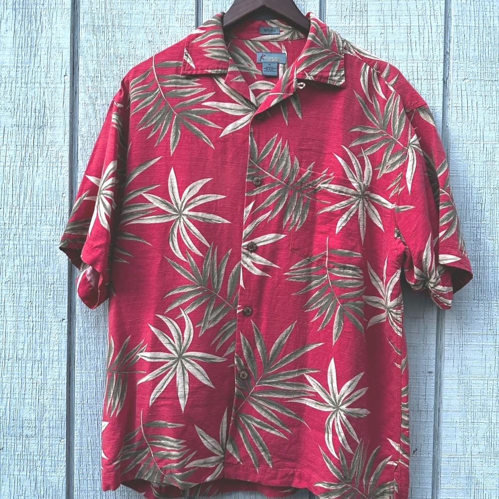Kaylua Bay Hawaiian Shirt‎ Men's M Red Tropical Palm Leaf 100% Silk Short Sleeve